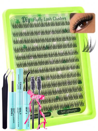 144片自然D卷单根假睫毛，自然宽柄，持久耐用，超轻盈，超柔软，可重复使用。这款单根假睫毛嫁接套装包含化妆工具、粘合剂、镊子和2支睫毛刷，适合初学者在家、日常生活、派对和新年等场合使用。睫毛套装，假睫毛，仙女睫毛，适合初学者，也适合万圣节、圣诞节等派对场合。