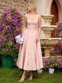女士优雅提花面料无肩带荷叶边高腰露背系带A字中长连衣裙，适合舞会、生日派对、正式晚宴、返校节、婚礼宾客、鸡尾酒会、家庭聚会等场合。 - 淺粉色 - 查看 7