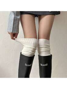 2 Pairs Women's Black & White Simple Slimming Calf Socks, Warm Long Socks Suitable For Daily Wear With Leather Shoes, Autumn/Winter, Cozy Socks - 2 Pairs Of White - View 4