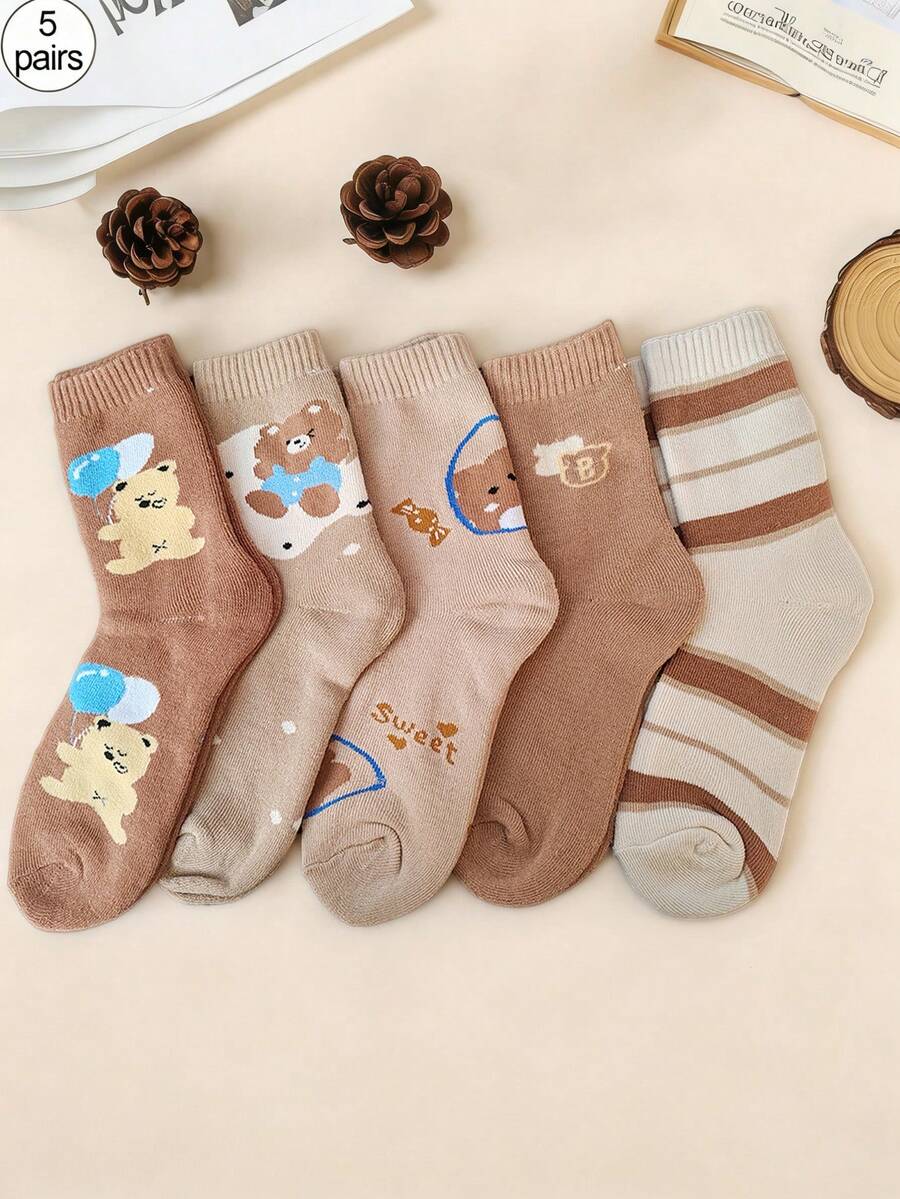 5 Pairs Of Women's Mid Length Socks With Cartoon Teddy Bear Pattern, Thickened Velvet, Suitable For Autumn And Winter, Home Sleep, Outdoor Activities, And Sports Youth (18-40 Years Old) - Multicolor - View 1