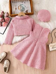 Set Busana Musim Semi/Gugur 3 Potong untuk Anak Perempuan, Termasuk Kardigan Berkerah, Jaket Pendek Lengan Panjang, Gaun Berhiaskan Payet, dan Topi yang Serasi. Nyaman, Cocok untuk Pemakaian Sehari-hari, Jalan-jalan, Pesta, Pertunjukan, Gaya Anak Perempuan yang Elegan & Anggun. - Berwarna merah muda - View 2