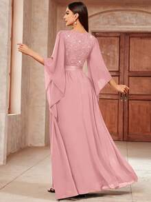 MIUSOL Deep V-Neck Sequin Patchwork Floral Lace Chiffon Formal Party Maxi Dress, Elegant Women's Party Gown Pink Spring - Pink - View 3