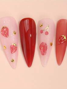 2pcs 5D 3D Nail Art Stickers - Cute Cartoon Strawberry Cherry Fruit & Floral Designs With Golden Polka Dots, Self-Adhesive Glossy Resin Decals For Women S DIY Manicure Pedicure, Daily Nail Decor, Nail Stickers, Pedicure Accessories, Shiny Finish - Nhiều màu - Xem 3