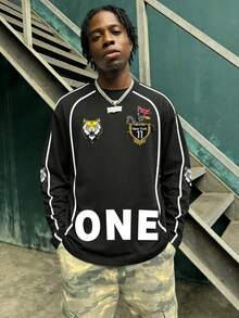 Men's Minimalist Sports Racing Print Colorblock Round Neck Short Sleeve T-Shirt, Digital Print Long Sleeve, Spring/Autumn - Black - View 2