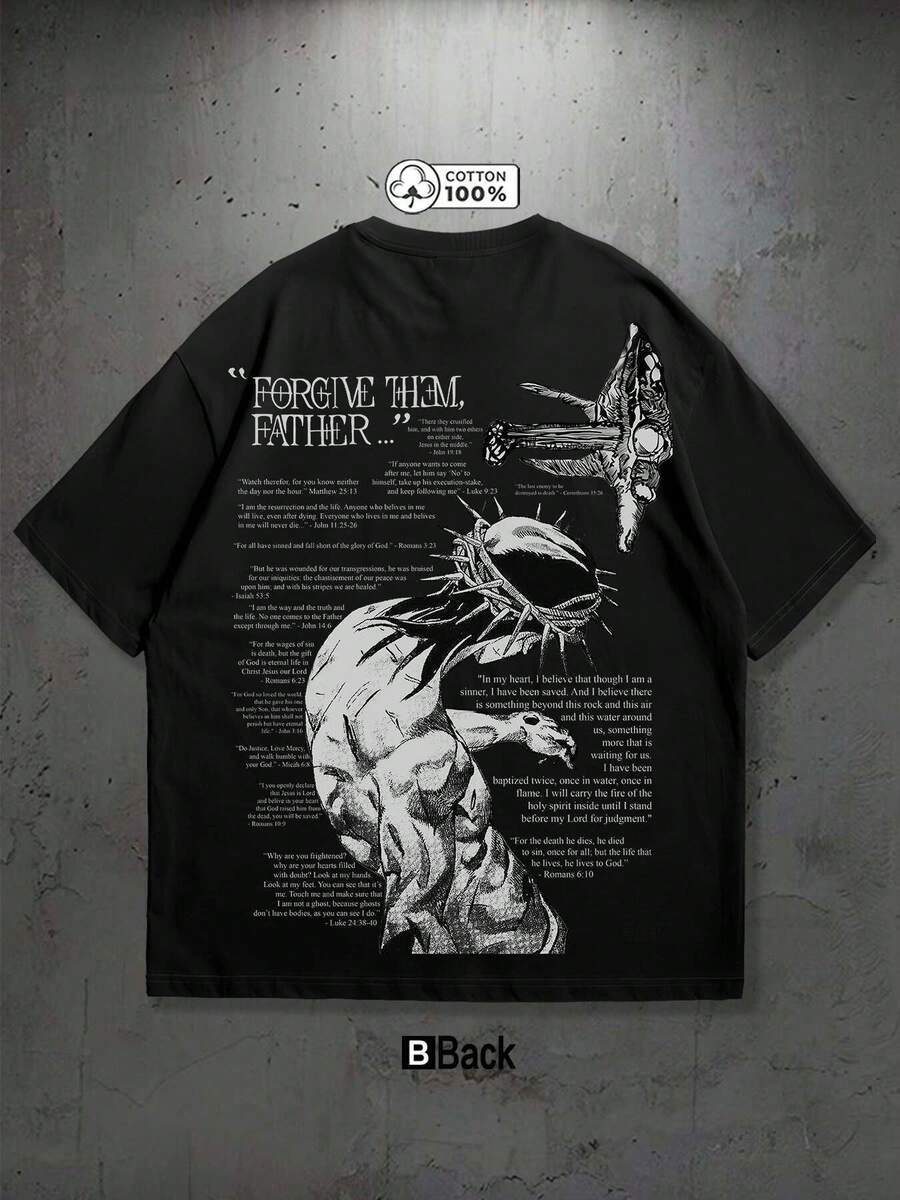 Camiseta Unisex Perdónales Padre Con Mensaje Espiritual Y Diseño Religioso Con Cuello Redondo Blanco Manga Corta Para Uso Casual Senderismo Ejercicio Regalo De Navidad (Primavera 2025) Ropa Festiva Impresión Duradera Tela Transpirable Alta Calidad Comunidad De Fe Ideal Para Navidad - Negro - Ver 1