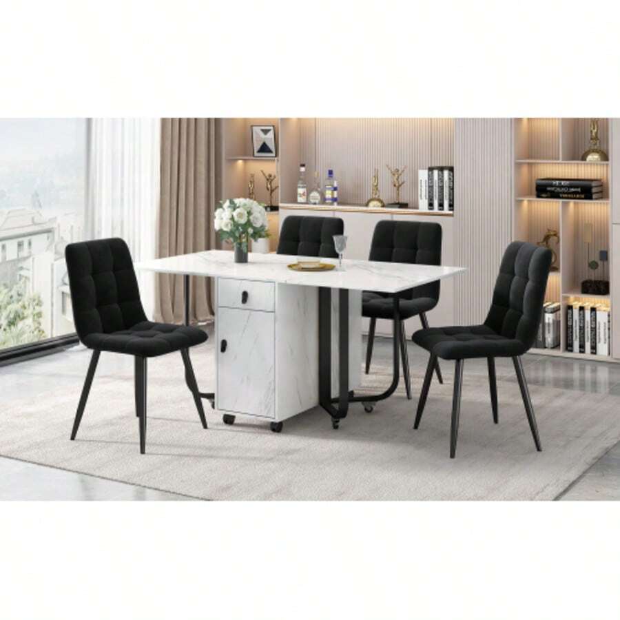 Dining Set (150*80*76cm Dining Table With 4 Chairs), Folding Kitchen Table Set, Velvet Dining Chairs, Upholstered Designer Chair With Backrest, White MDF Tabletop, Black Table Legs - Black - View 1