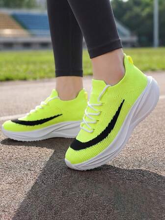 Zapatillas deportivas casuales de mujer, de material de punto transpirable y acolchado, con cordones de contraste, puntera redonda, suela gruesa, estilo deportivo casual, para uso diario, correr, fitness, primavera/verano, color amarillo neón