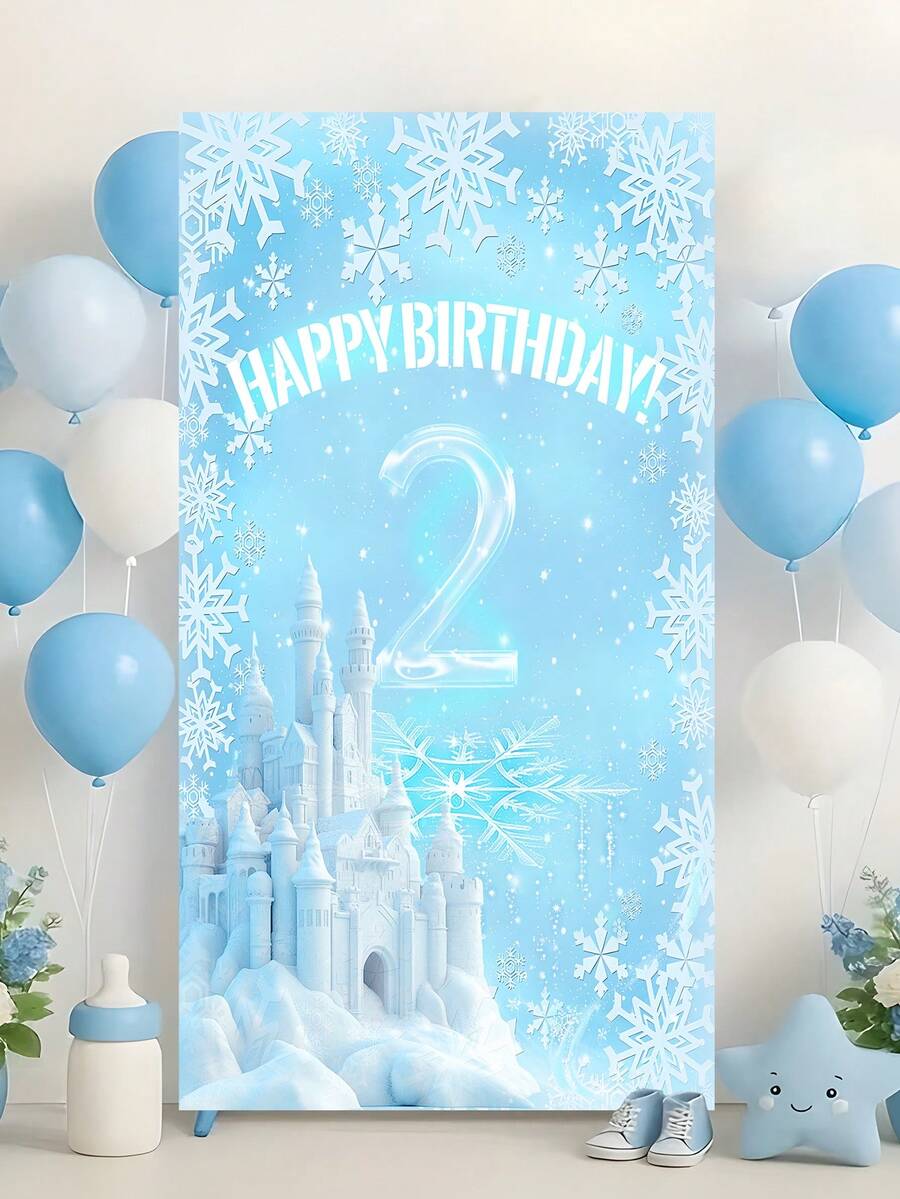 Banner phông nền tiệc sinh nhật chủ đề Frozen bằng polyester, in hình lâu đài, phù hợp cho sinh nhật lần thứ nhất, trang trí nhà cửa cho tiệc sinh nhật. - Màu xanh nhạt - Xem 1