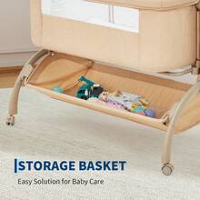 Cuna Colechera 3 en 1 para Bebé - Moisés Lateral Ajustable con Red Mosquitera Desmontable, Incluye Ruedas, Canasta de Almacenamiento - Caqui - Ver 4