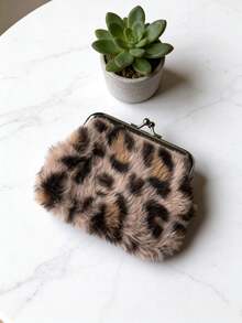 Women's Plush Faux Fur Leopard Print Crossbody Bag And Plush Leopard Print Coin Purse Set,Fashion Coin Purse,Leopard Print Fashion Minimalist Shoulder Bag, Magnetic Snap Closure Phone Pouch With Polyester Lining & Edge Paint Detail, Lightweight Compact Mobile Phone Bag - Multicolor - View 5