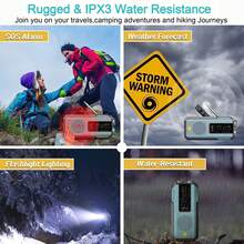 应急NOAA天气收音机，便携式手摇收音机，太阳能供电带电池备用，AM/FM/NOAA频道，SOS报警，2000mAh可充电电池移动电源，3颗LED手电筒，Type-C充电，适用于室内外徒步露营等紧急情况