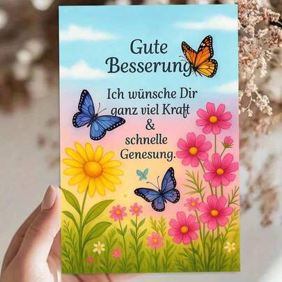 "1pc Charming German Get Well Card With Envelope (11cm16cm&4.33in6.29in) - Floral & Butterfly Theme, Ideal For Gifting To A Loved One In Recovery, Greeting Card|Gute Besserung Viel Kraft Genesung Card|Paper Greeting Card"