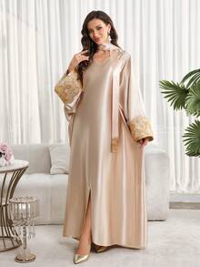 女士V领花卉提花拼接宽松优雅阿拉伯连衣裙，优雅派对礼服，新年装扮，除夕夜礼服，情人节春季连衣裙 - 彩色 - 查看 4