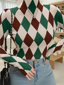 Spring And Autumn Fashion With Diamond Check Half Turtleneck Women's Turtleneck Base Shirt (Diamond Check Is Not Positioned),Long Sleeve Tops - Multicolor - View 3