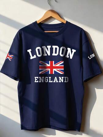 Camiseta de manga corta con cuello redondo, estampado de bandera con letra LONDON, estilo casual y holgado, multifuncional, adecuado para vacaciones y moda de verano.