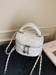 1pc Girls' Diamond Pattern PU Zipper Closure Handbag, Suitable For Everyday Use In Autumn/Winter - White - View 1