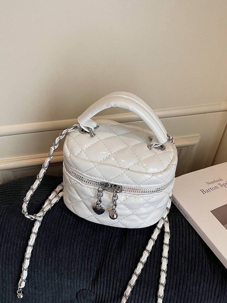 1pc Girls' Diamond Pattern PU Zipper Closure Handbag, Suitable For Everyday Use In Autumn/Winter - White - View 1