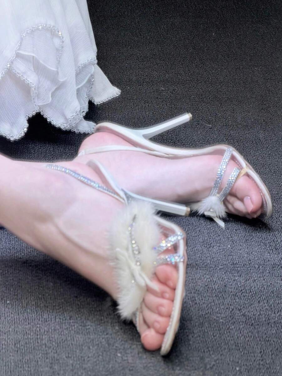 French New Style Rhinestone Fuzzy High Heel Sandals, Pointed Toe, Fairy Style, Banquet, Rabbit Fur Strap , White - White - View 1