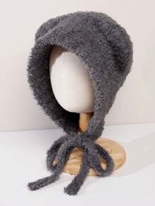 1pc Cute Tie-Up Bear Knit Beanie Hat, Warm Ear Ion, Solid Color, Windproof Outdoor Ski Cap, Autumn/Winter