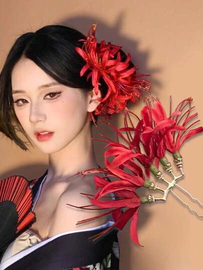 1pc Japanese-Style Red Spider Lily Hair Clip, Bohemian Flower Side Comb Hair Accessory, Sweet Romantic 3D Flower Hair Clip, Elegant Floral Hair Clip For Women, Suitable For Buns, Ponytails, Updos, Everyday Wear/New Year Parties/Proms/Bridal Hair Accessories, Valentine's Day Gifts