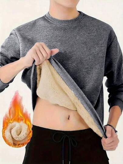 男士保暖内衬套头衫，休闲圆领运动服，户外跑步健身训练长袖连帽衫，秋冬