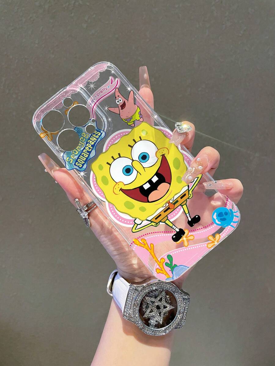 SpongeBob SquarePants 1pc Transparent Space Case Cartoon SpongeBob Jellyfish Pattern Shockproof Phone Case Cover Compatible With Samsung/Apple 17/16/15/14/13/12/11 Pro Max/12 Pro/14 Plus Etc. - Multicolor - View 1