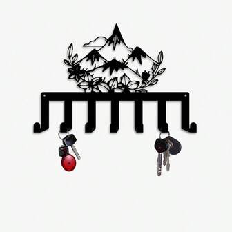CIF BUY 1件装现代简约黑色锻铁壁挂式钥匙架及装饰品 - 7个挂钩钥匙收纳架，饰以白色花卉和山脉剪影设计，功能性雕塑节省空间，适合玄关、乔迁之喜、新房主（安装简便）