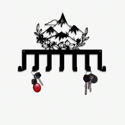 CIF BUY 1pc Modern Minimalist Black Wrought Iron Wall-Mounted Key Holder & Decor - 7 Hooks Key Organizer, Decorated With White Floral And Mountain Silhouette Design, Functional Sculpture Saving Space, Suitable For Entryway, Housewarming Gift, New Homeowner (Easy Installation)