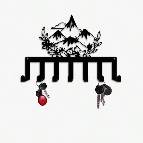 CIF BUY 1件装现代简约黑色锻铁壁挂式钥匙架及装饰品 - 7个挂钩钥匙收纳架，饰以白色花卉和山脉剪影设计，功能性雕塑节省空间，适合玄关、乔迁之喜、新房主（安装简便）