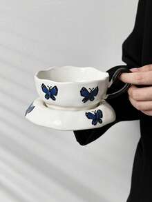 1set Cute Butterfly Ceramic Coffee Cup & Saucer Set, Hand-Painted Underglaze Butterfly Mug, Household Water Cup, Office Breakfast Milk Cup, Afternoon Tea Coffee Cup, Latte Art Cup, Juice Beverage Cup, Dessert Cake Plate, Couple Water Cup, Holiday Gift Cup - Multicolor - View 5