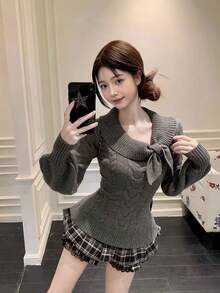 Fashionable Style Rabbit Ear Collar Waist Cinched Soft & Fluffy Fitted Women Knit Sweater, Valentine Tops For Women, Winter/Spring - Grey - View 8