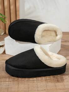 Autumn/Winter Soft Plush Warm Quiet Thick Sole Mid-Heel Closed-Toe Slippers For Teenagers, Girls Fashion Simple Versatile Casual Slip-On Slippers