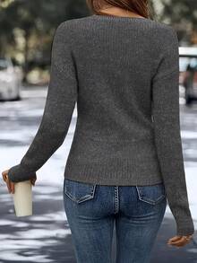 Women's Black Y2K Wrap-Front V-Neck Knit Sweater - Long Sleeve Textured Soft Girl Aesthetic Top, Stretchy Cozy Knitwear For Daily Streetwear & Casual Outfits, Asymmetrical Wrap Design, Ribbed Texture For Chic Vibe, Versatile Match With High-Waisted Jeans & Skirts, Ideal For Leisure Hangouts & Urban Street Style, Comfortable Breathable Fabric, Retro Y2K-Inspired Apparel - Xám - Xem 3