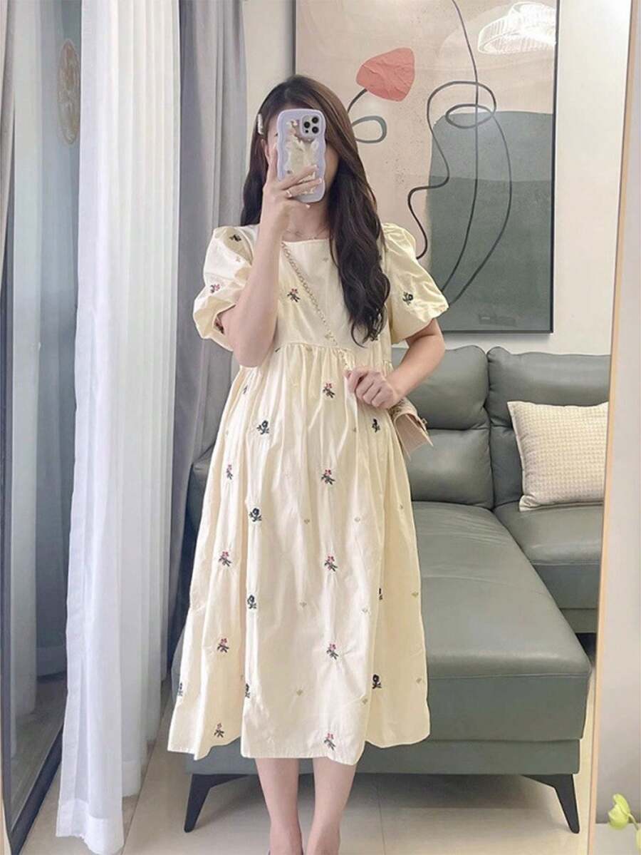 时尚孕妇圆领碎花泡泡袖连衣裙 夏季 - 杏色 - 查看 1