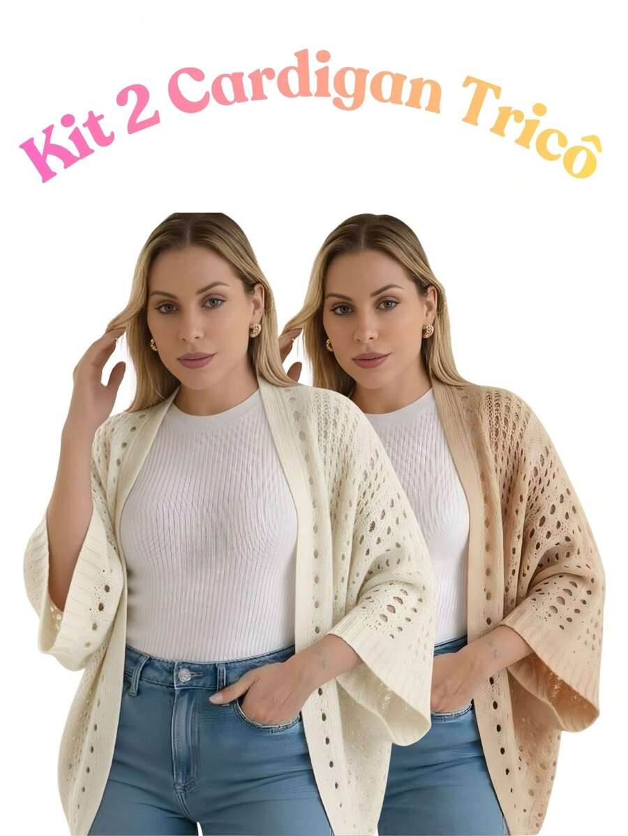 Set Of 2 Women's Cardigan Blouses, Knitted Cape, Openwork Knit, Autumn - 米白色/米色 - 查看 1