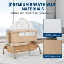 Cuna Colechera 3 en 1 para Bebé - Moisés Lateral Ajustable con Red Mosquitera Desmontable, Incluye Ruedas, Canasta de Almacenamiento - Caqui - Ver 7