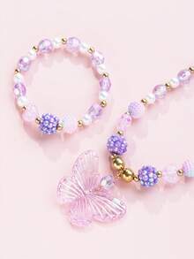 2pcs Girls Sweet Crystal Butterfly Pendant Necklace & Charming Beaded Bracelet Jewelry Set, Suitable For Daily Wear, Birthday Party, Gift For Kids - Multicolor - View 7