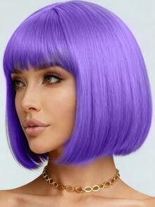 12-Inch Short Wig With Bangs, Burgundy Synthetic Hair, Suitable For Parties, Halloween, Cosplay And Holiday Gatherings, Special Occasions - Light Purple - View 2