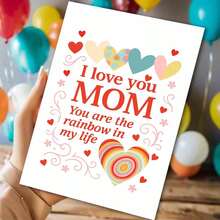 1pc Heartfelt Mother's Day Card With Envelope (11cm16cm & 4.33in6.29in) - "I Love You Mom, You Are The Rainbow In My Life" On Clean White Background With Colorful Hearts And Swirls, Perfect For Expressing Deep Affection, Emotional Greeting Card | Family Card | Paper Card - Multicolor - View 1