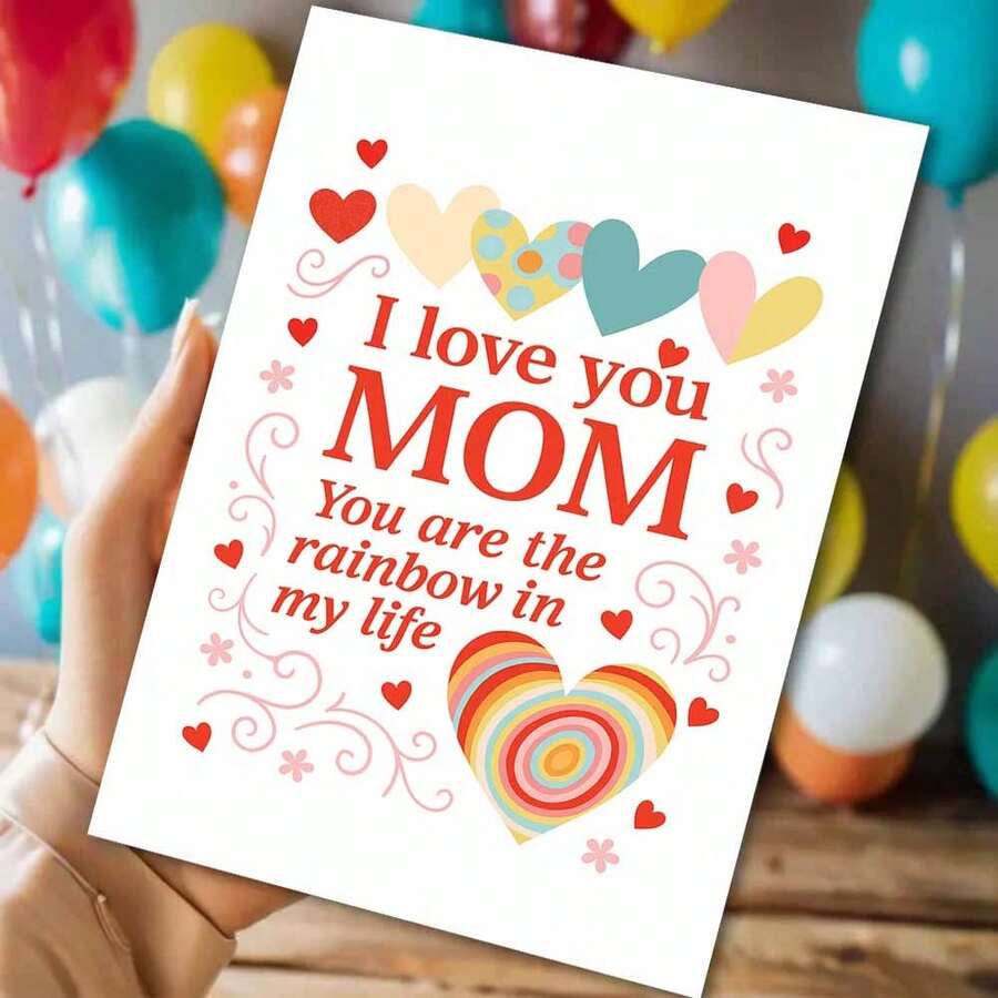 1pc Heartfelt Mother's Day Card With Envelope (11cm16cm & 4.33in6.29in) - "I Love You Mom, You Are The Rainbow In My Life" On Clean White Background With Colorful Hearts And Swirls, Perfect For Expressing Deep Affection, Emotional Greeting Card | Family Card | Paper Card - Multicolor - View 1