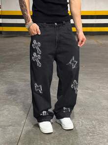 Quần Jeans Denim Dáng Rộng Phong Cách Đường Phố Grunge Goth Y2K Cho Nam, Dáng Rộng, Cá Tính, Trẻ Trung, Thể Thao, Cao Đẳng, Dáng Thẳng, Thêu Chữ Thập, Màu Trơn, Phù Hợp Mọi Mùa - màu đen - Xem 4