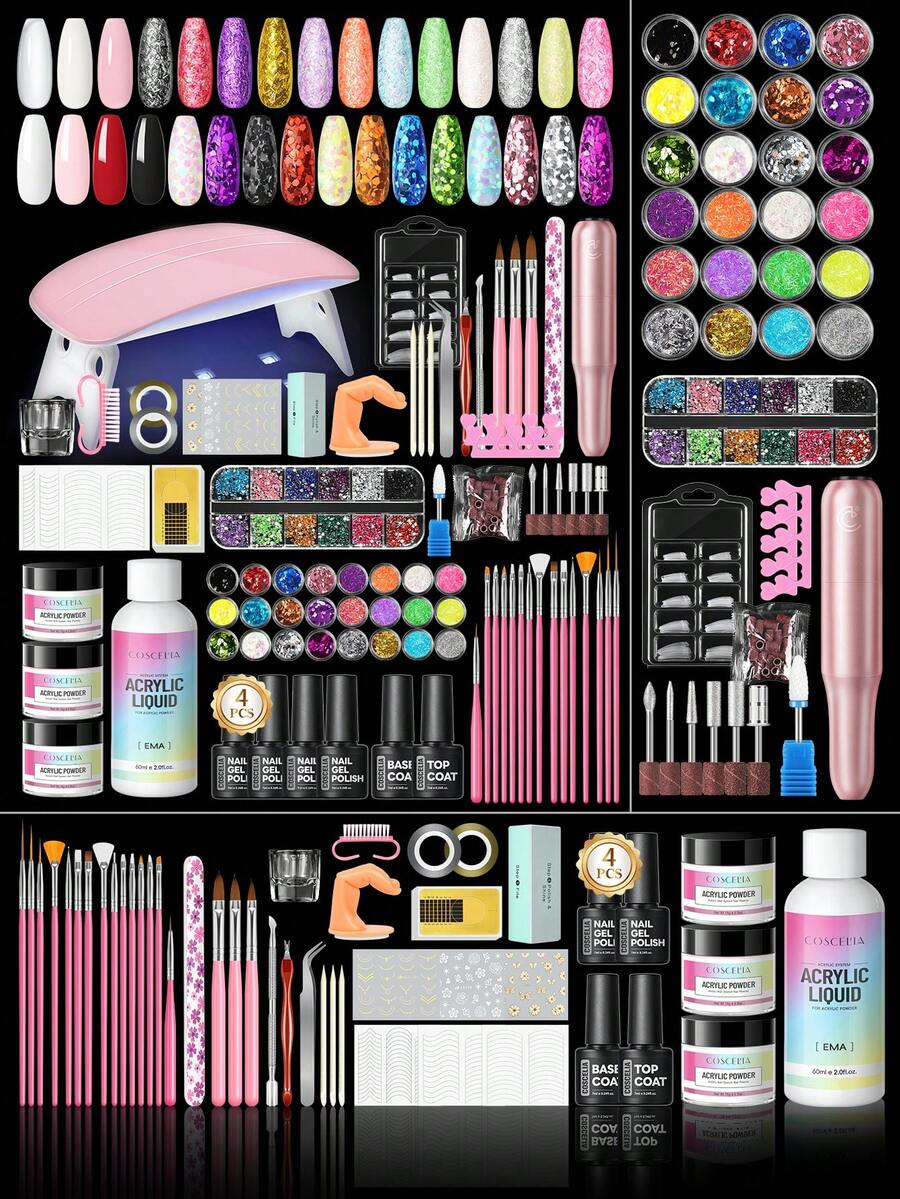 COSCELIA Acrylic Nail Kit With Gel Nail Polish Mini UV LED Lamp Nail Drill Machine 3 Colors Acrylic Powder And 24PCS Nail Decoration Powder 4 Colors Gel Nail Polish Set With Base Top Coat Complete Acrylic Nail Beginner Manicure Tool Kit For French Tip Nails Extension Nails Manicure Salon DIY Gift For Women - 多色2 - 查看 1
