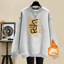 Women's Round Neck Cotton Fleece Lined Sweatshirt Plus Thick Warm Spring Autumn Winter High Street Casual Loose Age Reducing Pullover Top Outerwear - 深灰色(DD15熊寶寶印前)純棉加絨 - 查看 10