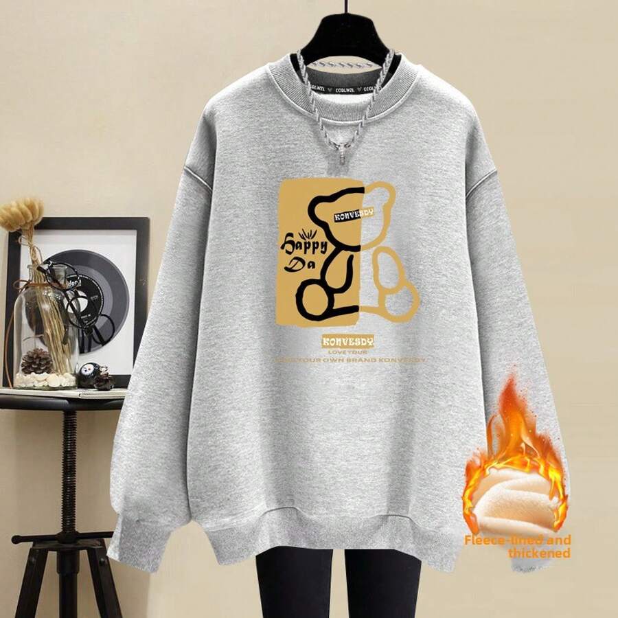Women's Round Neck Cotton Fleece Lined Sweatshirt Plus Thick Warm Spring Autumn Winter High Street Casual Loose Age Reducing Pullover Top Outerwear - 淺灰色(DD15熊寶寶印前)純棉加絨 - 查看 1