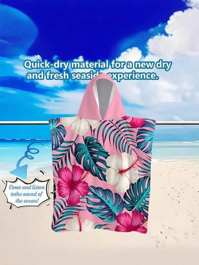 1pc Bohemian Style Tropical Floral Polyester Hooded Poncho, Plus Size Beach Towel - Vibrant Floral Design, Beach Wrap, Soft Polyester Robe, Suitable For Swimming, Travel And Beach Vacation, Unisex Bathrobe Surfing Accessories