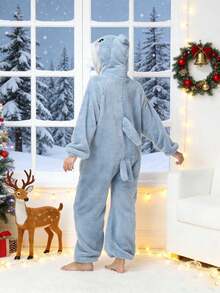 Women's Shark Pattern Hooded Pajama Jumpsuit With Pockets And Hood, Cozy Shark Pajamas For Winter, Cute Animal Home Sleepwear For Adults - Màu xanh nhạt - Xem 3