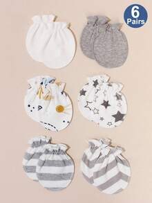 6双新生儿防抓手套，0-6个月宝宝适用，柔软针织，可爱动物图案，腕部可调节，必备婴儿用品，送给新妈妈的礼物 - 6雙男孩色系 - 查看 5