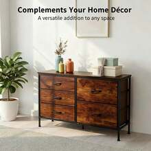 5 Drawer Dresser Bedroom, 39.4 Fabric Chest Of Drawers With Wooden Top, Storage Organizer Closet, Hallway & Living Room, Rustic Brown - Rustic Brown - 查看 5