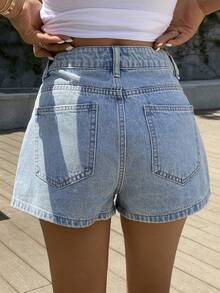 Teen Girls' Washed Denim Shorts, Simple Versatile Design With Elastic Waistband, Suitable For Daily Wear Or School - Light Wash - View 2