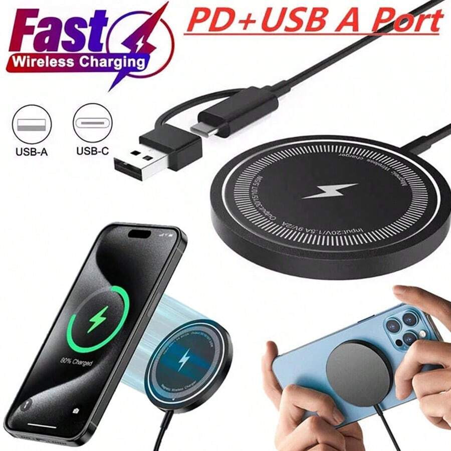 Cargador inalámbrico magnético de 15W compatible con iPhone 16/15/14/13/12 Pro Max, admite carga rápida USB Tipo-C, incluye cable de carga rápida para teléfono y accesorios